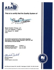 ASA certification document - Beach Aviation Group Vero Beach Florida - Aircraft Parts Supplier